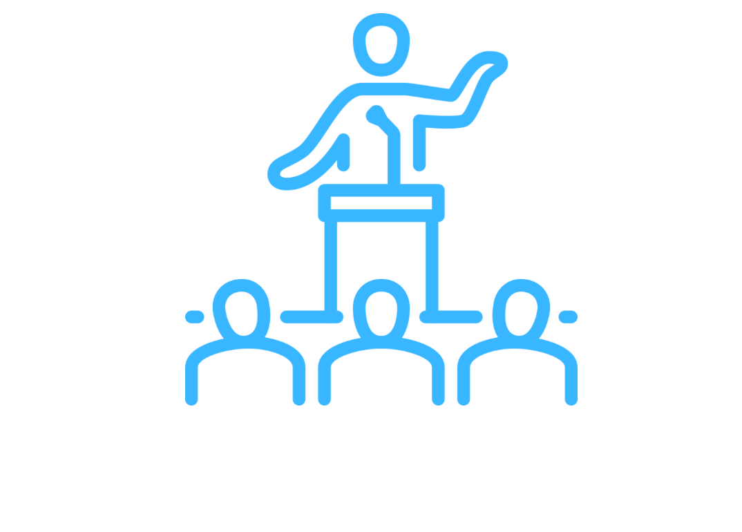 Dynamic clipart image of a man delivering a speech to an attentive audience, perfect for enhancing presentations, event invitations, and communication materials